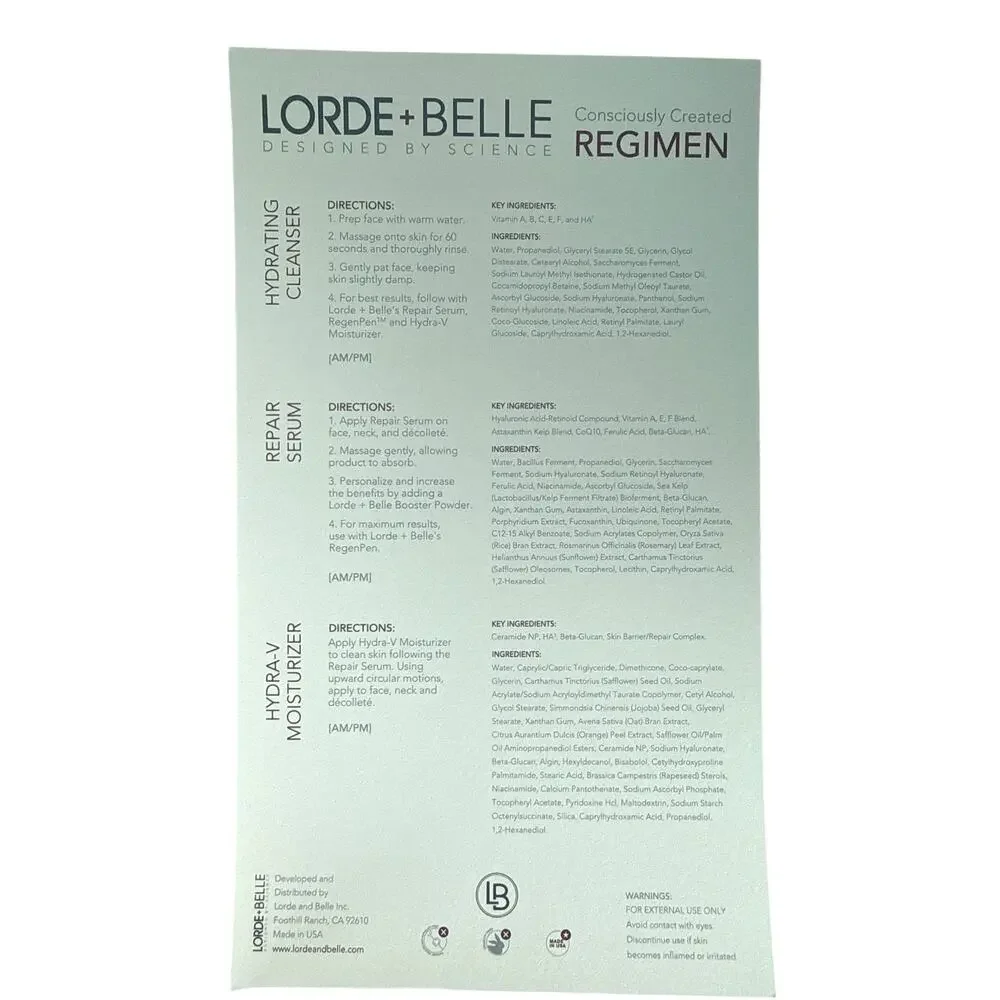 Lorde + Belle 3-Piece Skincare Set Cleanser Repair Serum Hydra-V Moisturizer NWT